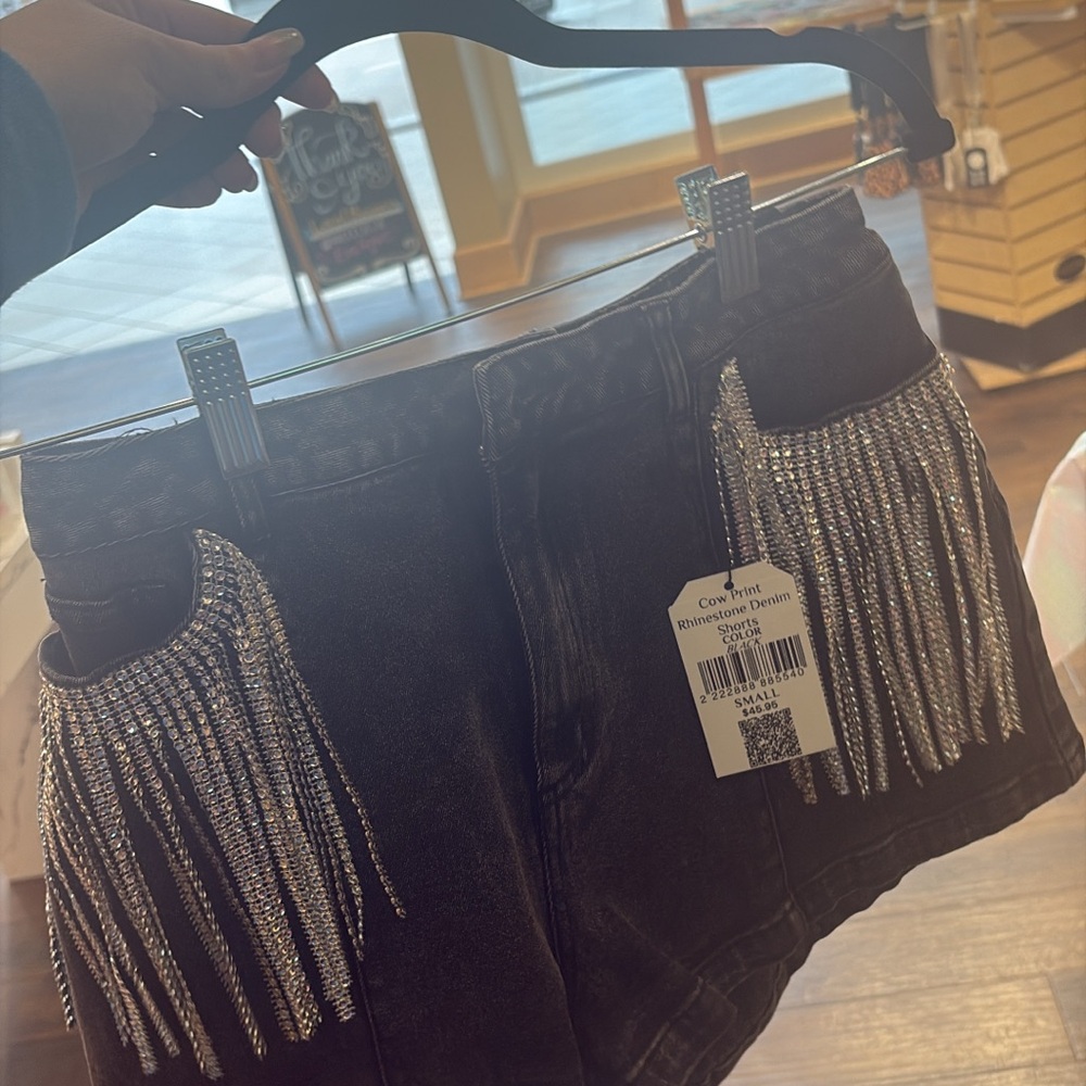Black Shorts with Rhinestone Fringe